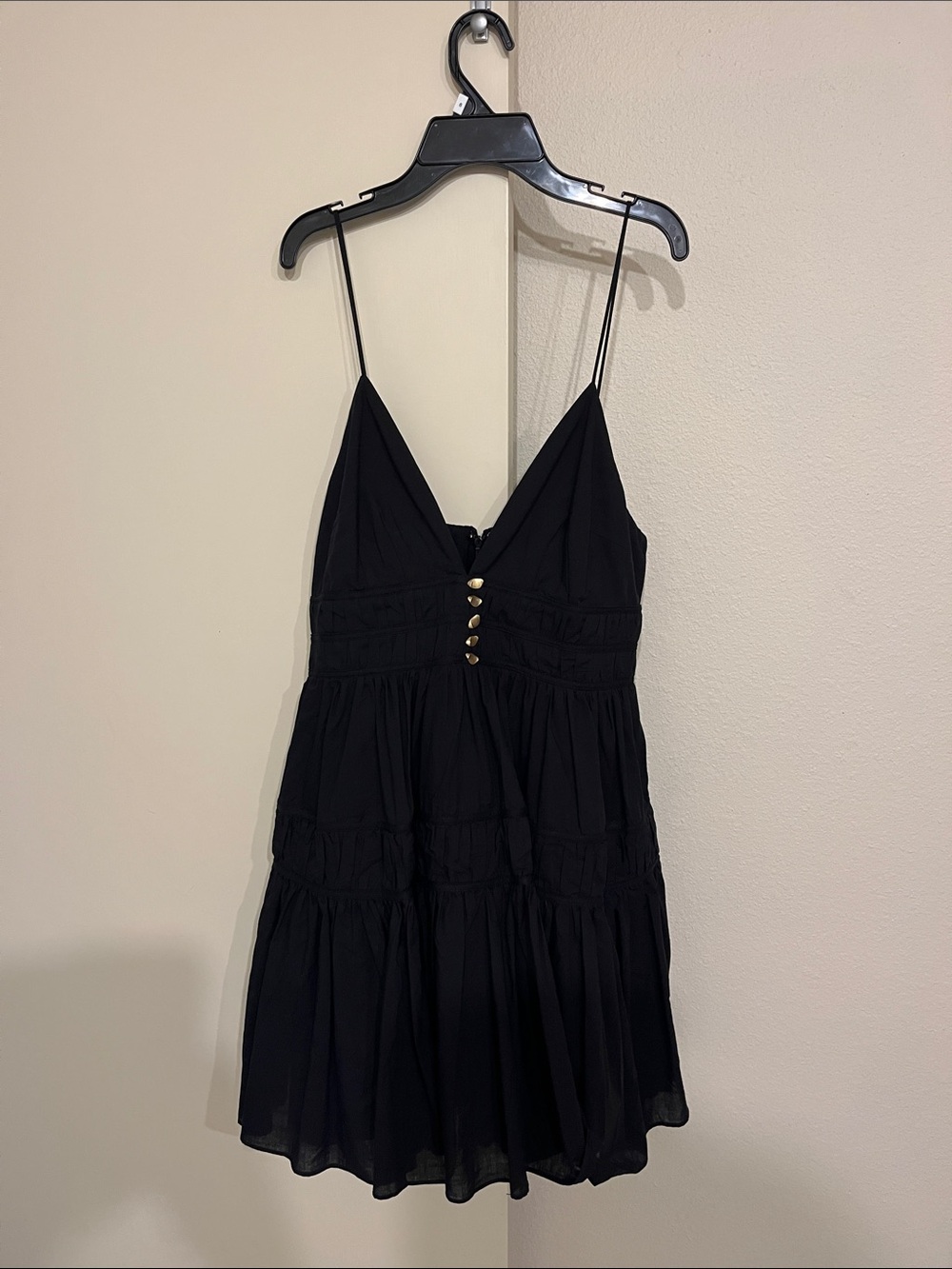 Aje Black Spaghetti-Strap Tiered Mini Dress with Gold Buttons